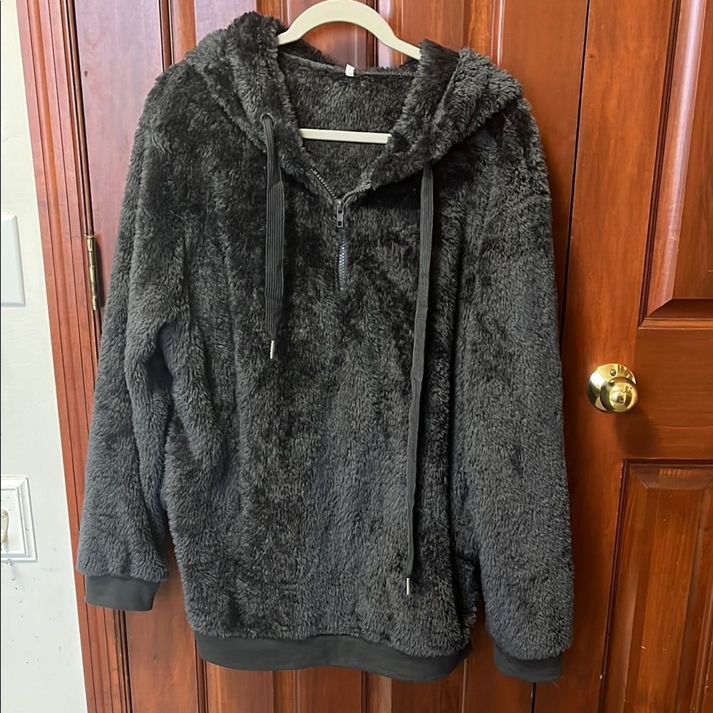 Black Fuzzy Hoodie | Plush Sherpa Pullover | Cozy Oversized Sweatshirt NWOT